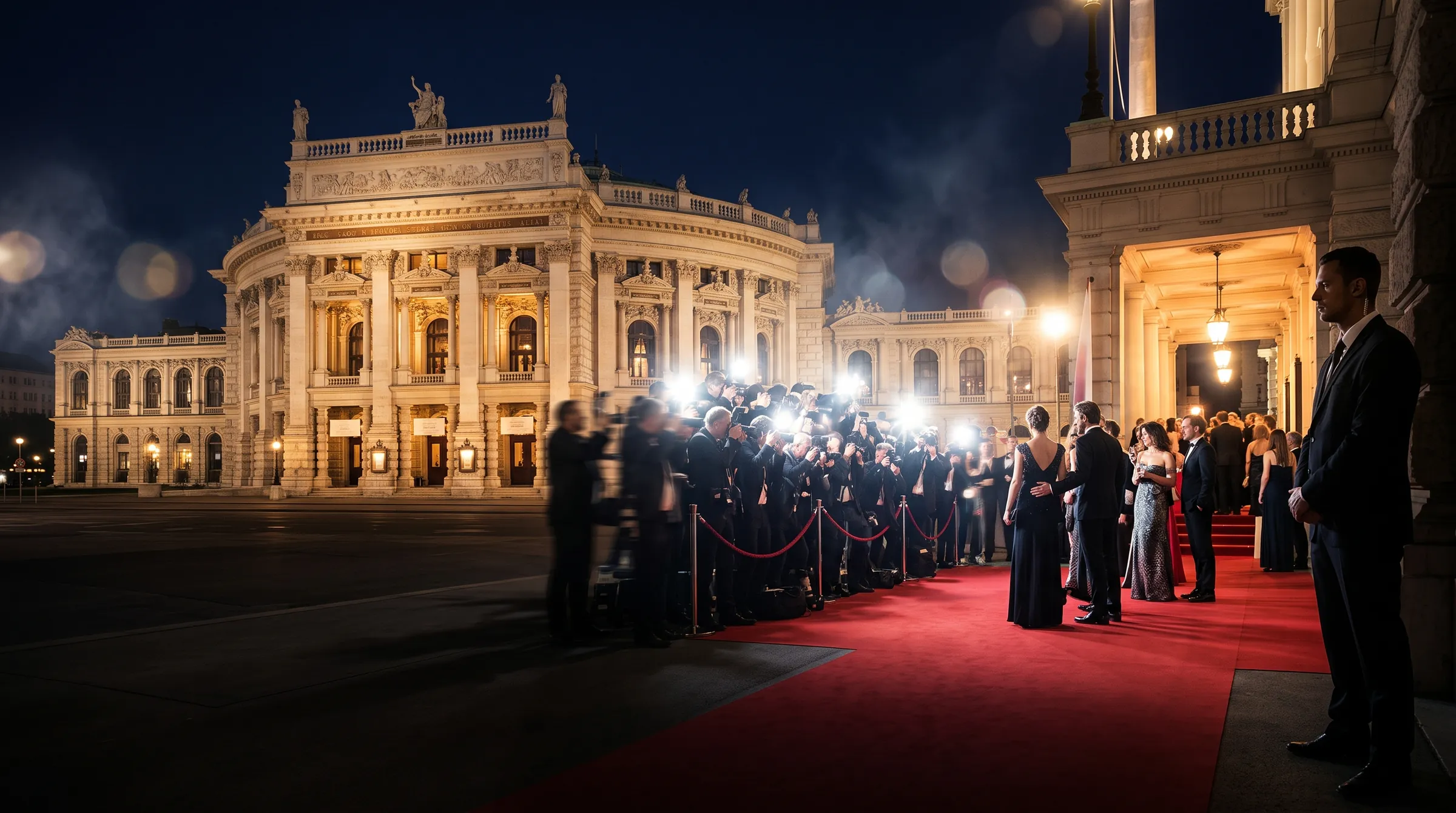 Filmpremiere vor einem Wiener Theater bei Nacht, am Rand ein unauffälliger Security-Mitarbeiter
